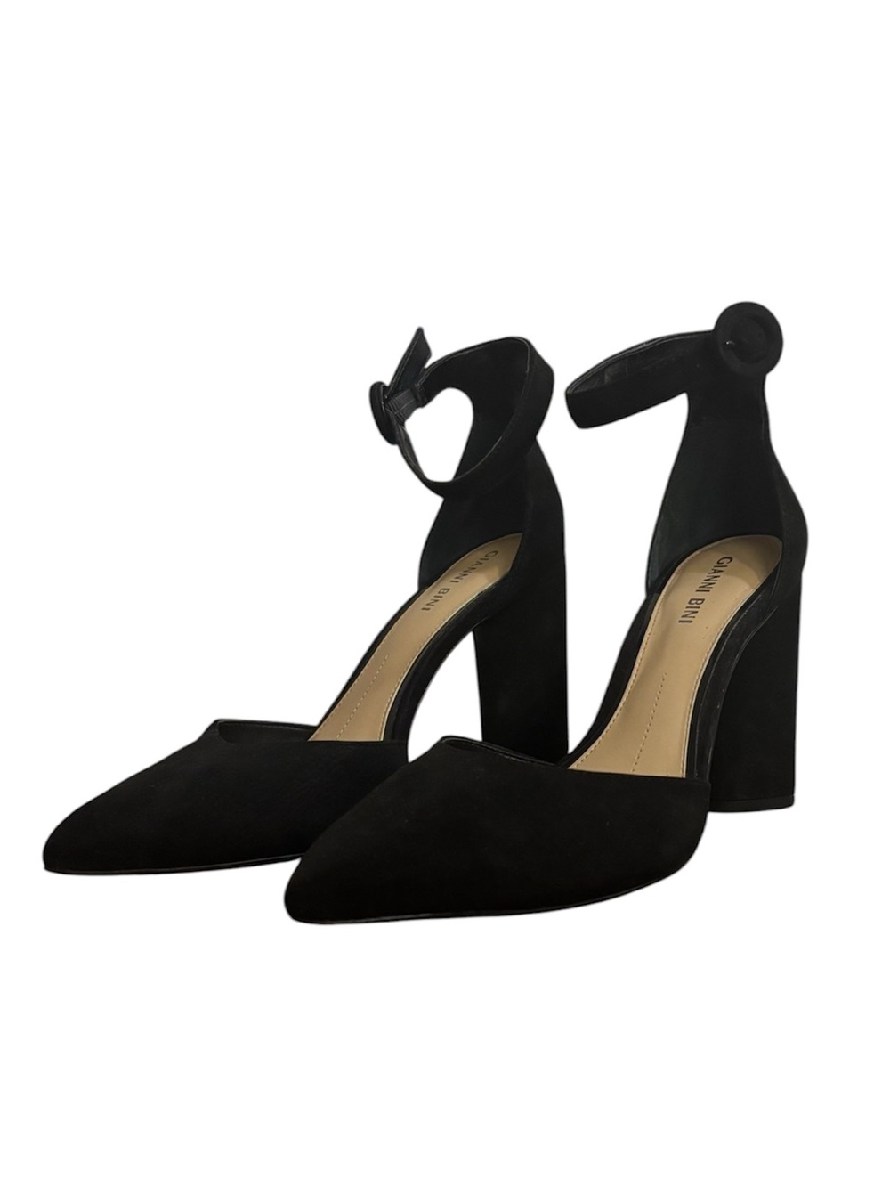 GIANNI BINI Black Suede Pointed Toe Ankle Strap Block Heels